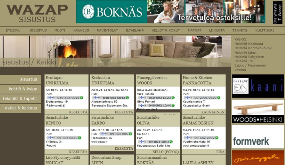 Wazap.fi interior design category listing Helsinki service providers